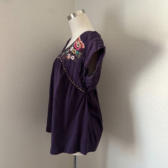 Vintage Anthropologie Scoop Neck Blouse Pintuck Floral Embroidered Cap Sleeve Co - Picture 6 of 9